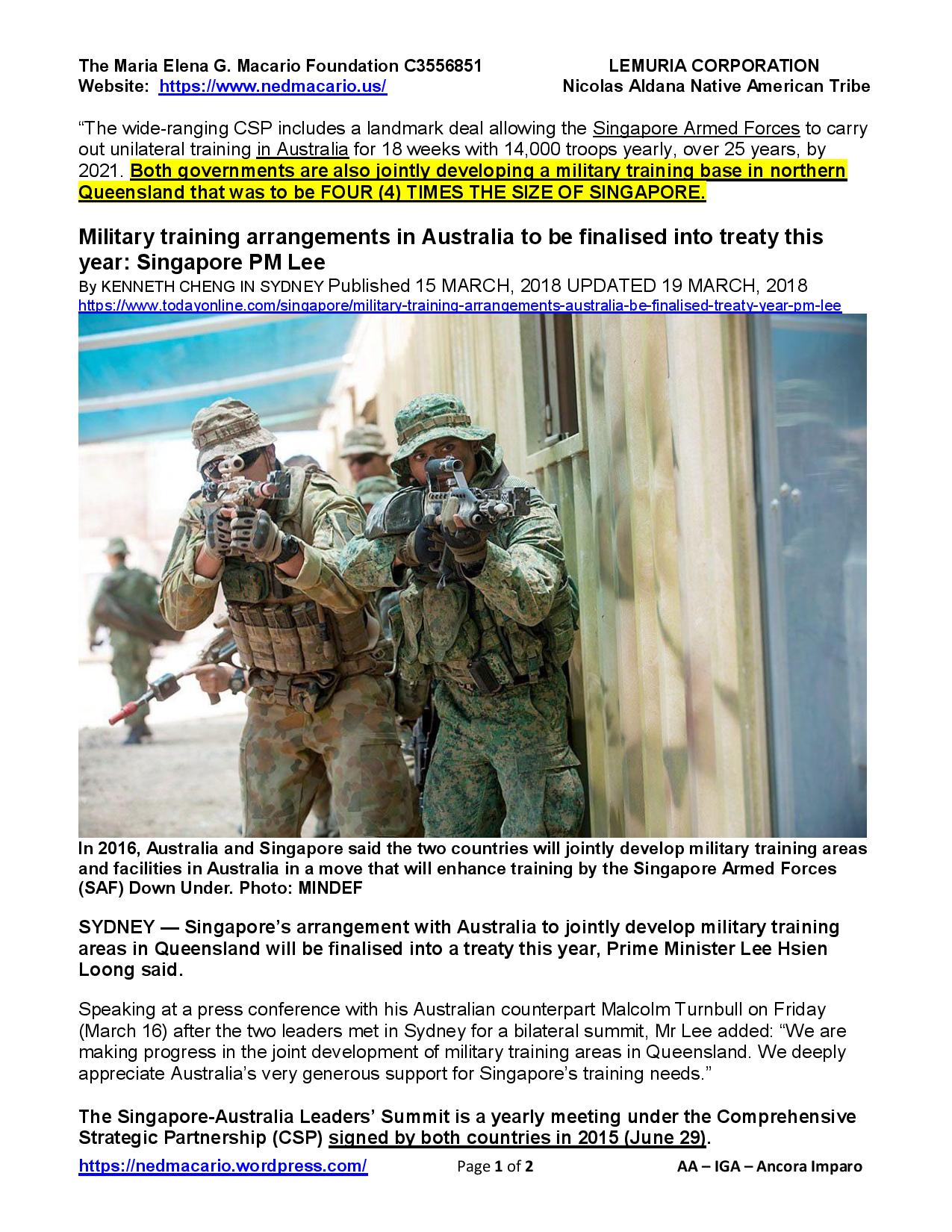 Singapore's Military training arrangements in Australia to be finalised this year - PM Lee 03-15-18 p1