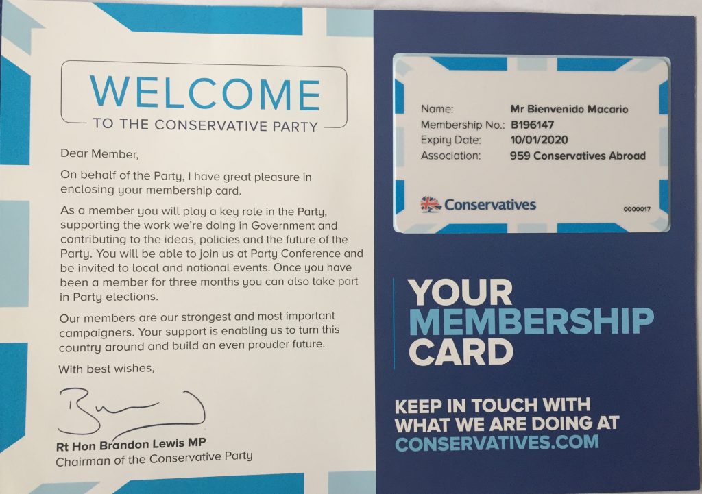 Conservatives Membership Card and Welcome 2019-2020